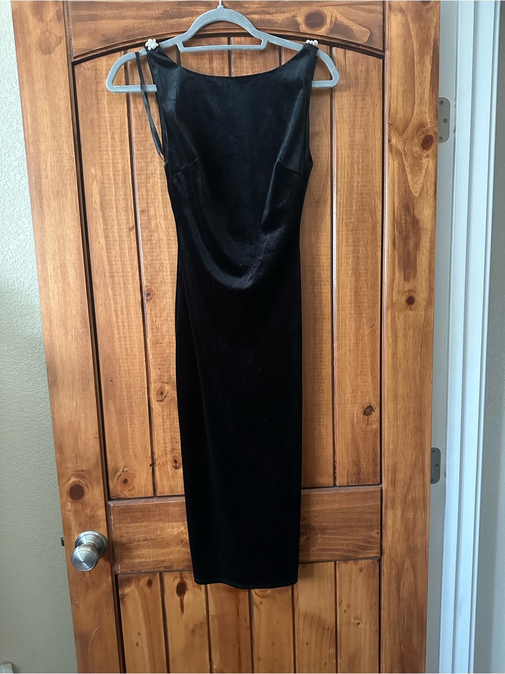 B Darlin Black Velvet Midi Dress with Pearl-Strap Detail